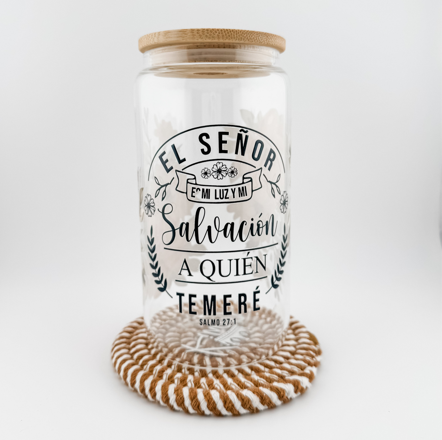 Christian Glass Jar with Bamboo Lid – “El Señor es mi Luz y mi Salvación” (Psalm 27:1) , gift for her
