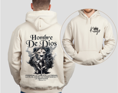 Hombre De Dios, Christian Hoodie – Spanish Men’s Faith Hoodie with Lion Graphic & Scripture