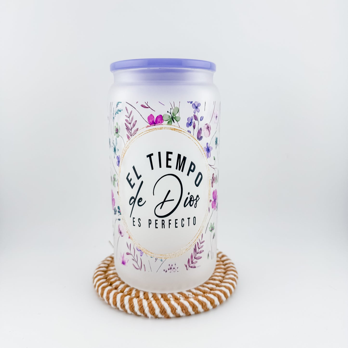 El Tiempo de Dios Es Perfecto - Floral Frosted Glass Cup