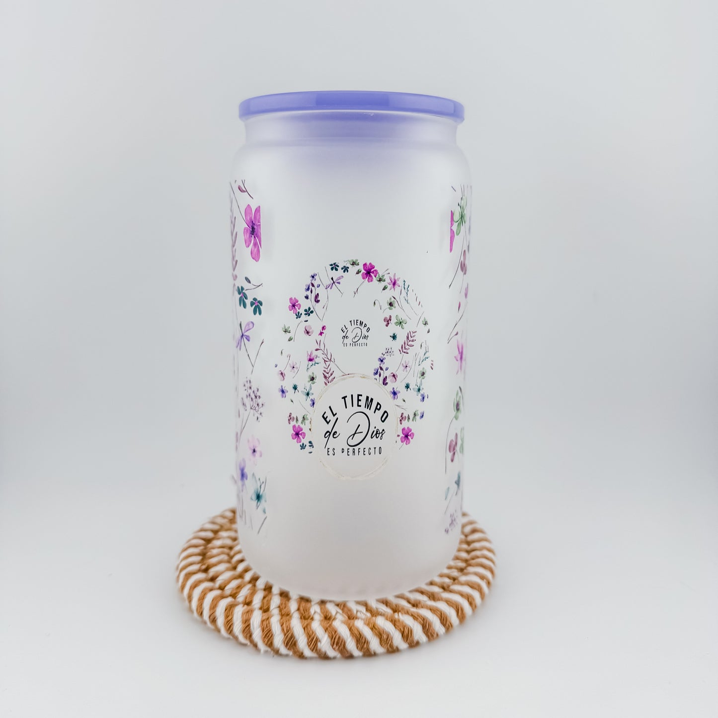 El Tiempo de Dios Es Perfecto - Floral Frosted Glass Cup